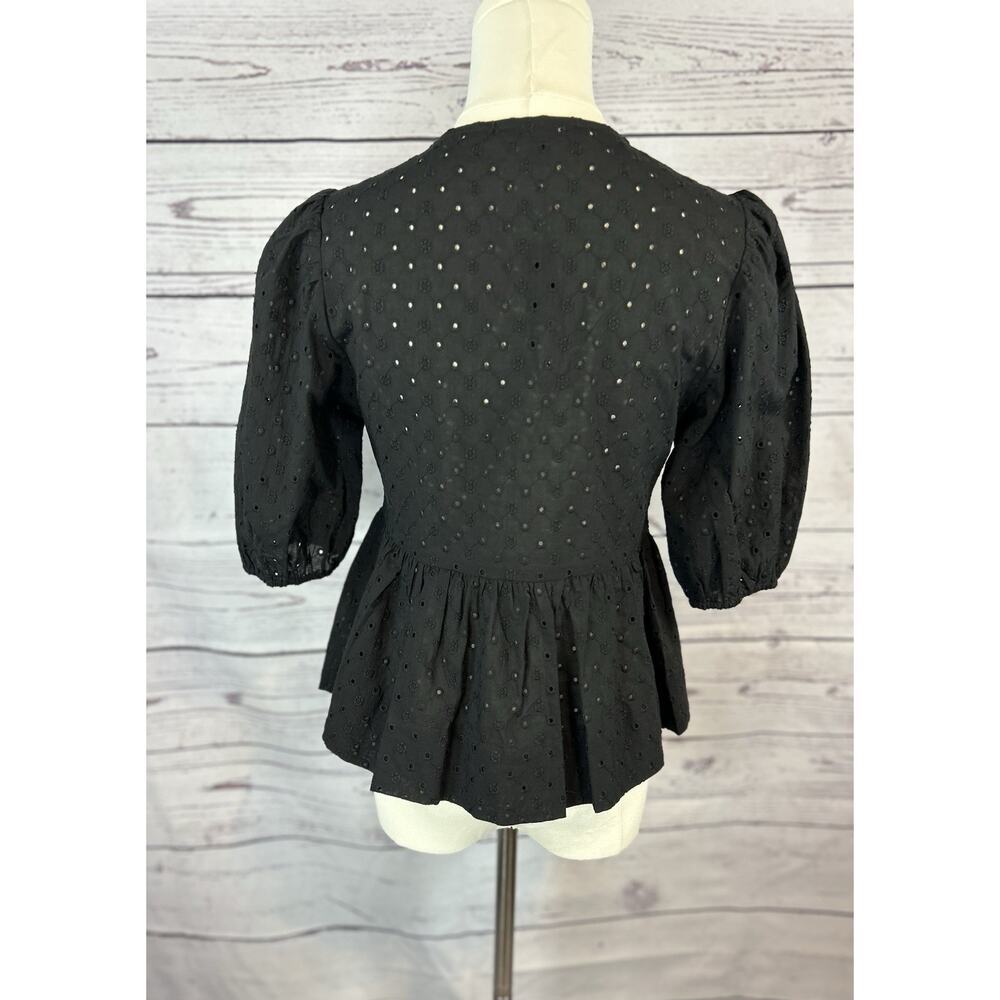 Steve Madden Paula Eyelet Tie Front Top Women XS Black Peplum Puff Sleeve NWT - Picture 4 of 8